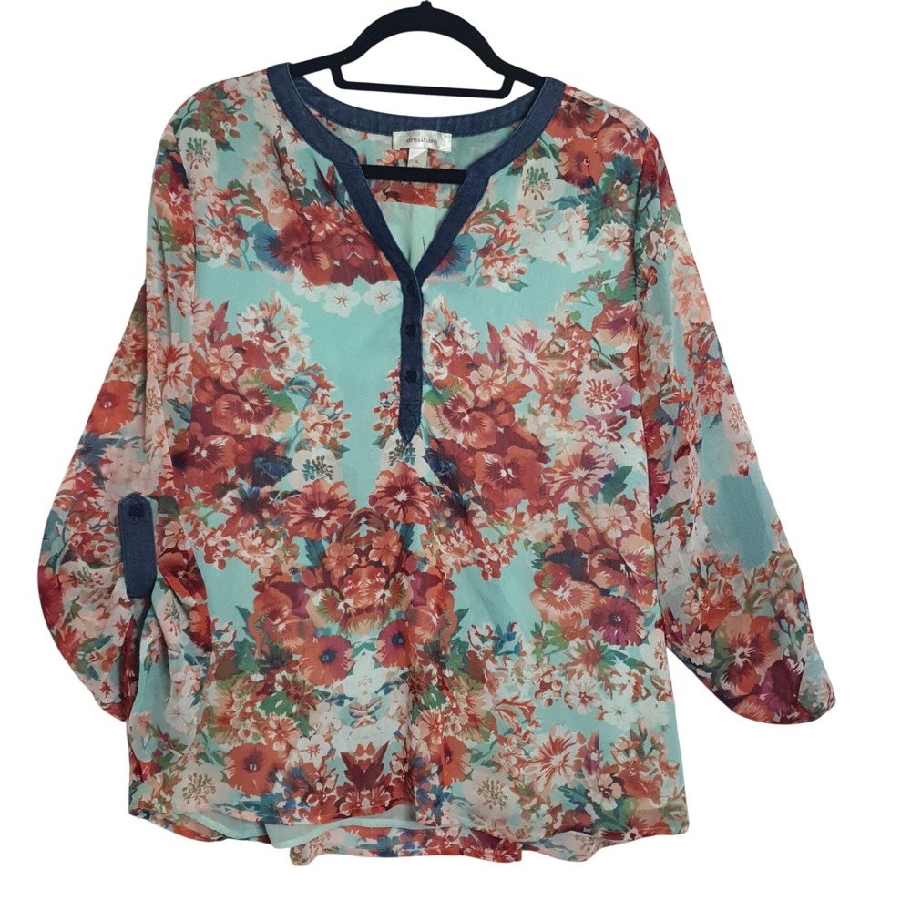 Dressbarn XL‎ Floral Chiffon Blouse Teal Roll Tab Sleeve Top Cottage Button Up